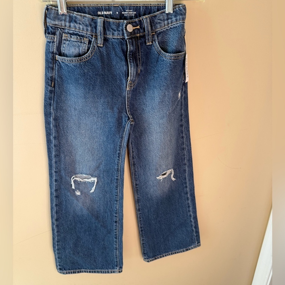 Old Navy Girls Baggy Wide Leg  Blue distressed jeans size 8 NWT